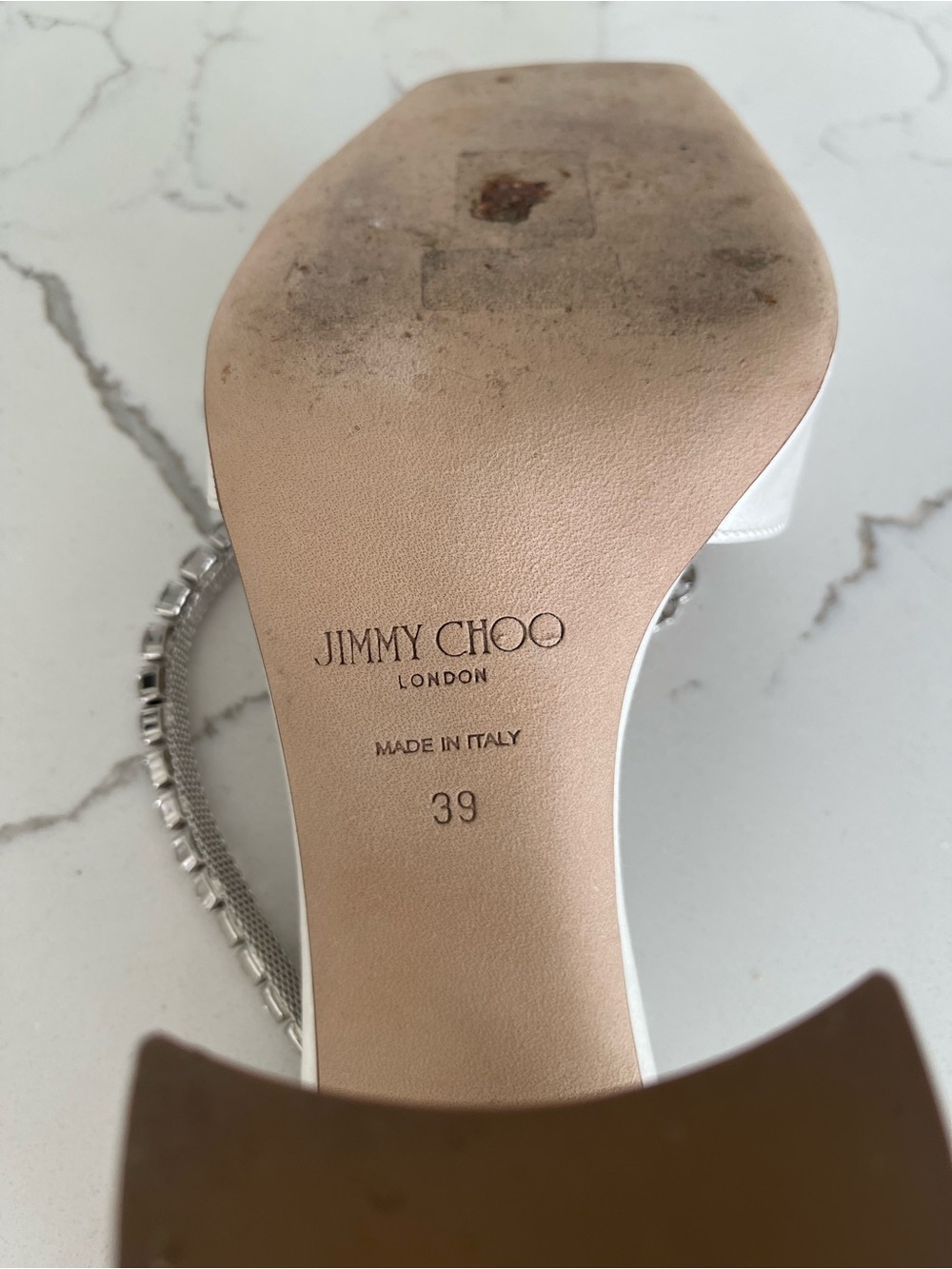 Jimmy Choo White Satin Block-Heel Sandals with Crystal T-Strap - Picture 4 of 7
